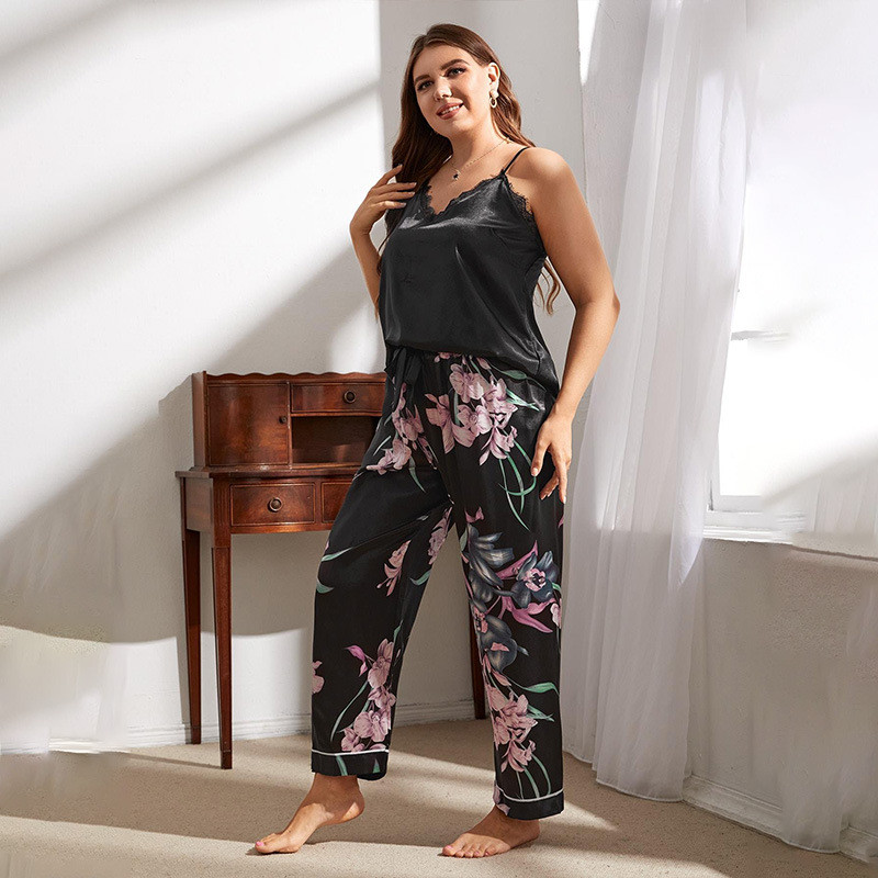 Set de pijamale de marime mare XL-5XL Lenjerie de dormit pentru femei Costum de pijama cu decolteu în V Lenjerie de noapte Pantaloni Noua vară Casual din satin mătăsos Îmbrăcăminte de acasă