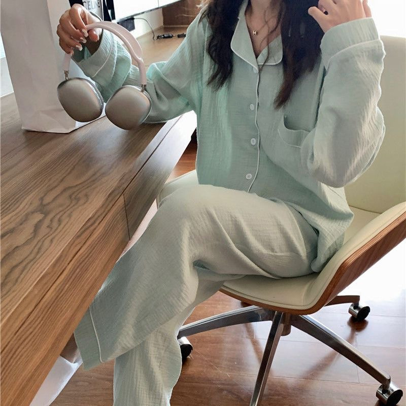 Pijamale de iarnă 100% bumbac Set de pijamale de damă, cu rever subțire, mâneci lungi, tifon, bumbac, 2 buc.