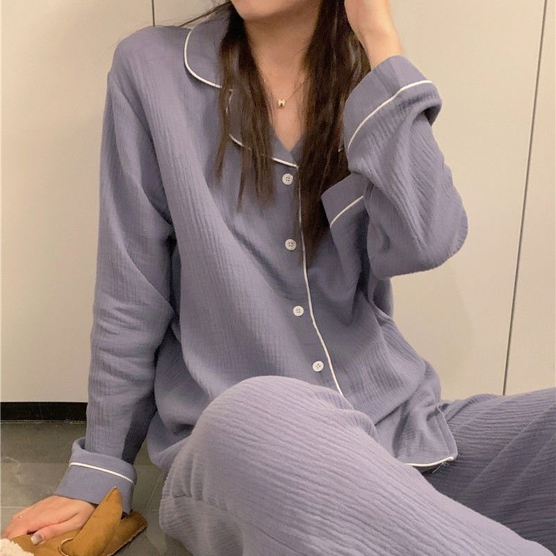 Pijamale de iarnă 100% bumbac Set de pijamale de damă, cu rever subțire, mâneci lungi, tifon, bumbac, 2 buc.