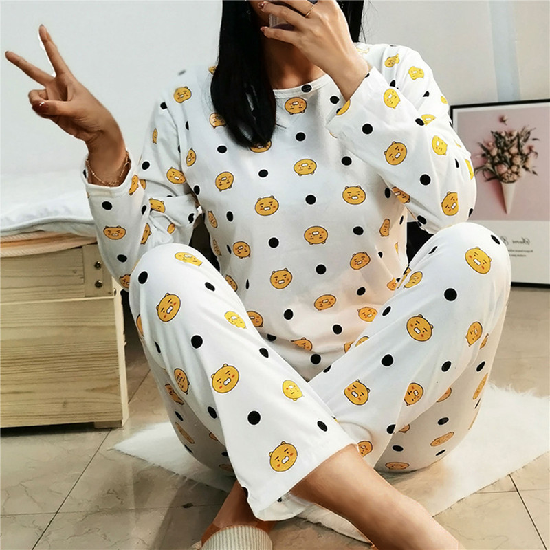Női pamut pizsama hálóruha szettek Női 2 részes rajzfilm pizsama tavasz ősz női párok nappali ruha öltöny otthoni ruhák