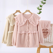 Χειμερινό σετ γυναικείες πιτζάμες φανελένιο μακρυμάνικο παντελόνι 2 τεμαχίων ροζ χρώμα Sailor Collar χοντρό κοραλί φλις απλό σέρβις στο σπίτι