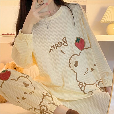 Γυναικεία Σετ Πυτζάμες Ανοιξιάτικα Φθινοπωρινά με μακρυμάνικο κορεατικό στυλ με στάμπα νυχτικά Φαρδιά Κομψές Πυτζάμες Γυναικείες Leisure 2 τεμαχίων