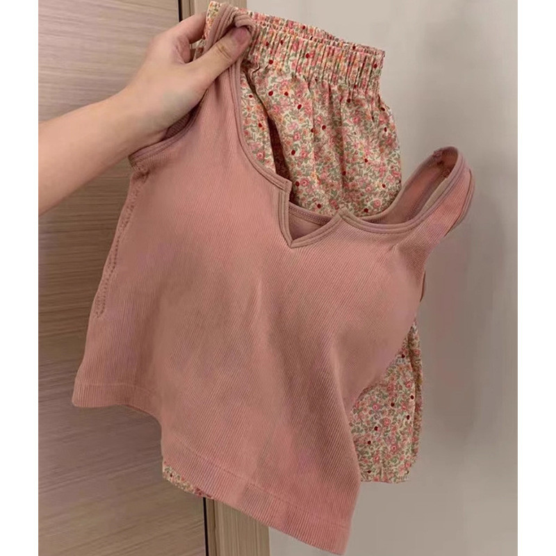 Naiste suvine pidžaamakomplekt Lilledega lühikesed püksid Varrukateta vest rinnakorviga ülikond Koduriided, mida kantakse väljas Spordiga Mugavad puhkerõivad