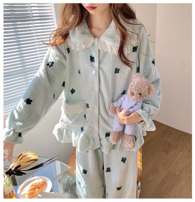 Γυναικείες πιτζάμες 2023 Γυναικείες πιτζάμες Πιτζάμες Cute Floral print Πιτζάμες 2 τεμαχίων Coral Velvet βελούδινο μακρύ οικιακό κοστούμι νυχτικό