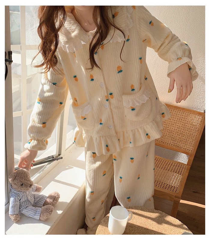 Γυναικείες πιτζάμες 2023 Γυναικείες πιτζάμες Πιτζάμες Cute Floral print Πιτζάμες 2 τεμαχίων Coral Velvet βελούδινο μακρύ οικιακό κοστούμι νυχτικό