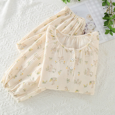 2023 Γυναικείες πιτζάμες από καθαρό βαμβάκι Γυναικείο μακρυμάνικο παντελόνι με στρογγυλή λαιμόκοψη φαρδιά ρούχα για το σπίτι Cute Rabbit print σετ παιδικών ρούχων από βαμβάκι