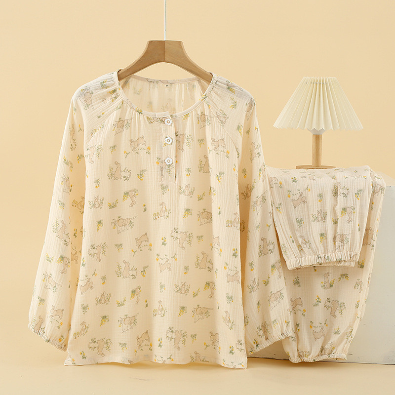 2023 Γυναικείες πιτζάμες από καθαρό βαμβάκι Γυναικείο μακρυμάνικο παντελόνι με στρογγυλή λαιμόκοψη φαρδιά ρούχα για το σπίτι Cute Rabbit print σετ παιδικών ρούχων από βαμβάκι