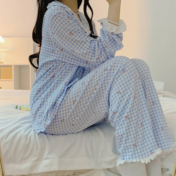 2022 Chic καρό Sleepwear Patchwork Δαντέλα γεωμετρικά μακρυμάνικα Ρούχα σπιτιού Φαρδιά casual chic γυναικείες γλυκές πιτζάμες