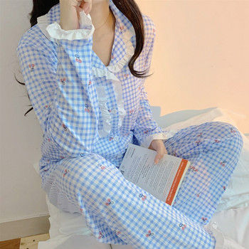 2022 Chic καρό Sleepwear Patchwork Δαντέλα γεωμετρικά μακρυμάνικα Ρούχα σπιτιού Φαρδιά casual chic γυναικείες γλυκές πιτζάμες