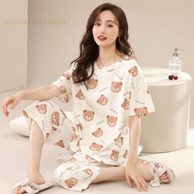 Suvised kaheosalised komplektid Kootud Värske lillemustriga Elegantne Öörõivad Naiste pidžaamakomplektid Pidžaamad Naiste magamisriided Pidžaamad Mood