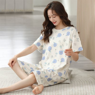 Suvised kaheosalised komplektid Kootud Värske lillemustriga Elegantne Öörõivad Naiste pidžaamakomplektid Pidžaamad Naiste magamisriided Pidžaamad Mood