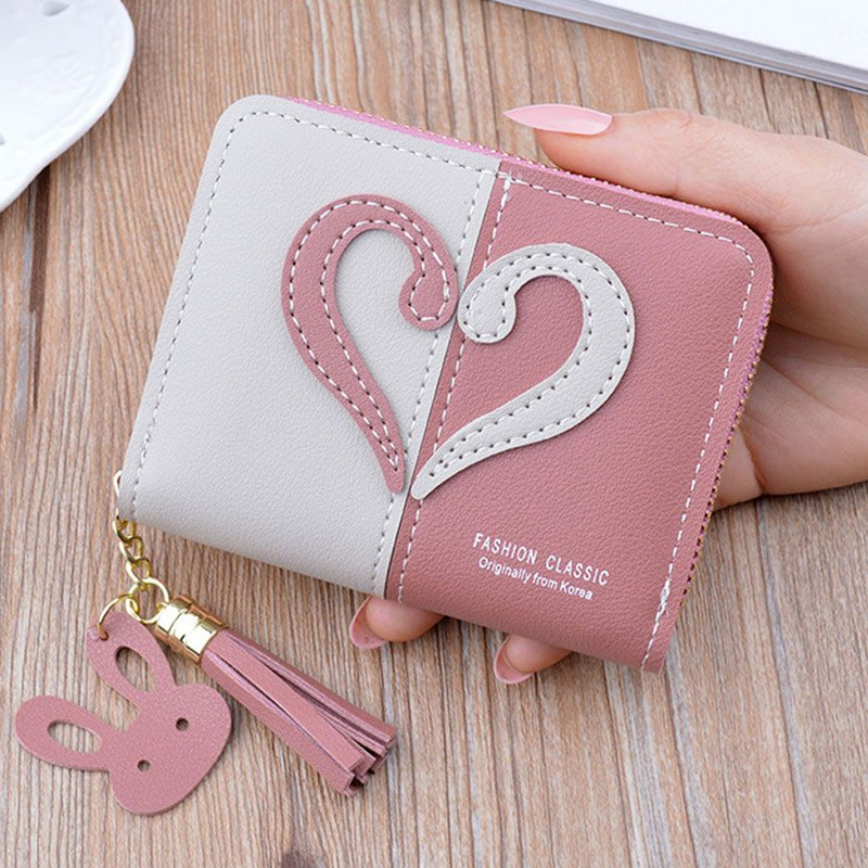 Dámska mini peňaženka so strapcami, kabelka v tvare srdca, dámska krátka mini peňaženka, malá peňaženka na zips, kľúčenka na mince, študentská peňaženka, krásny držiak na karty, spojka