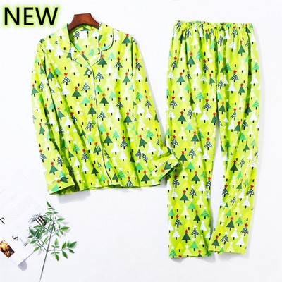 Női pizsama szett - hangulatos 100% pamut pizsama divatos karácsonyfamintával - Nagy méretű, 2 részes otthoni hétköznapi nappali ruha