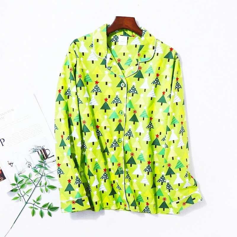 Női pizsama szett - hangulatos 100% pamut pizsama divatos karácsonyfamintával - Nagy méretű, 2 részes otthoni hétköznapi nappali ruha