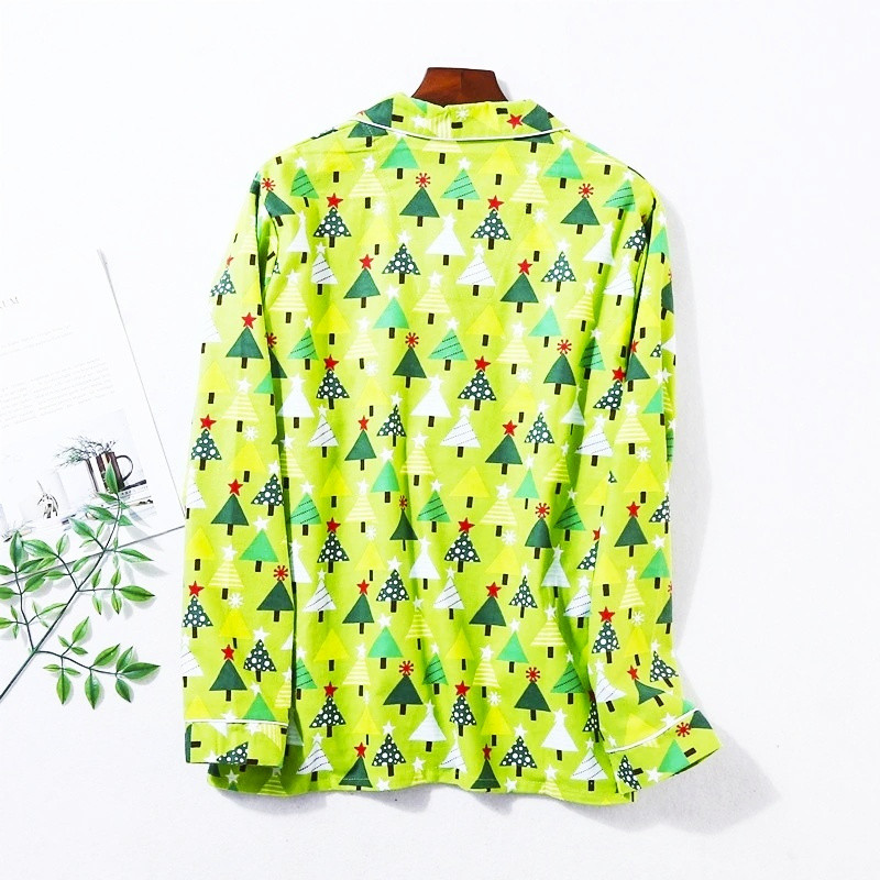 Női pizsama szett - hangulatos 100% pamut pizsama divatos karácsonyfamintával - Nagy méretű, 2 részes otthoni hétköznapi nappali ruha