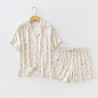 Βαμβακερή πιτζάμα Pour Femme Small Leaf Ζακέτα Κοντό μανίκι ύπνου με σορτς Sleepwear Γυναικεία βαμβακερή πιτζάμα