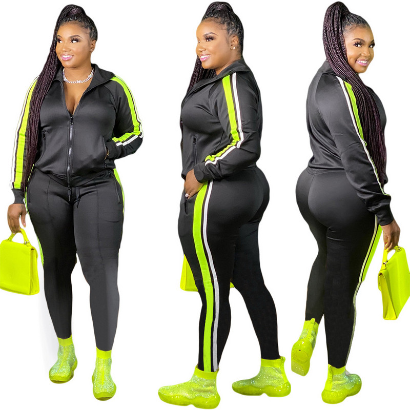L-4XL Sport μεγάλο σετ δύο τεμαχίων γυναικεία ενδύματα με μακρύ μανίκι με φερμουάρ και κοστούμι παντελόνι Χονδρική dropshopping