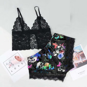 Νέα στάμπα σετ πιτζάμες Γυναικείες δαντέλες Σέξι σατέν μεταξωτές πιτζάμες Πυτζάμες με floral print V λαιμόκοψη Αμάνικα εσώρουχα νυχτικά