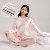 Γυναικείο πλεκτό βαμβακερό σετ πιτζάμα ασφαλείας με ενσωματωμένη επένδυση σουτιέν - Φθινοπωρινό ελαφρύ μακρυμάνικο μπλουζάκι και παντελόνι σέξι ριγέ