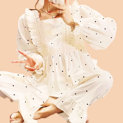 Γυναικείο πλεκτό βαμβακερό σετ πιτζάμα ασφαλείας με ενσωματωμένη επένδυση σουτιέν - Φθινοπωρινό ελαφρύ μακρυμάνικο μπλουζάκι και παντελόνι σέξι ριγέ