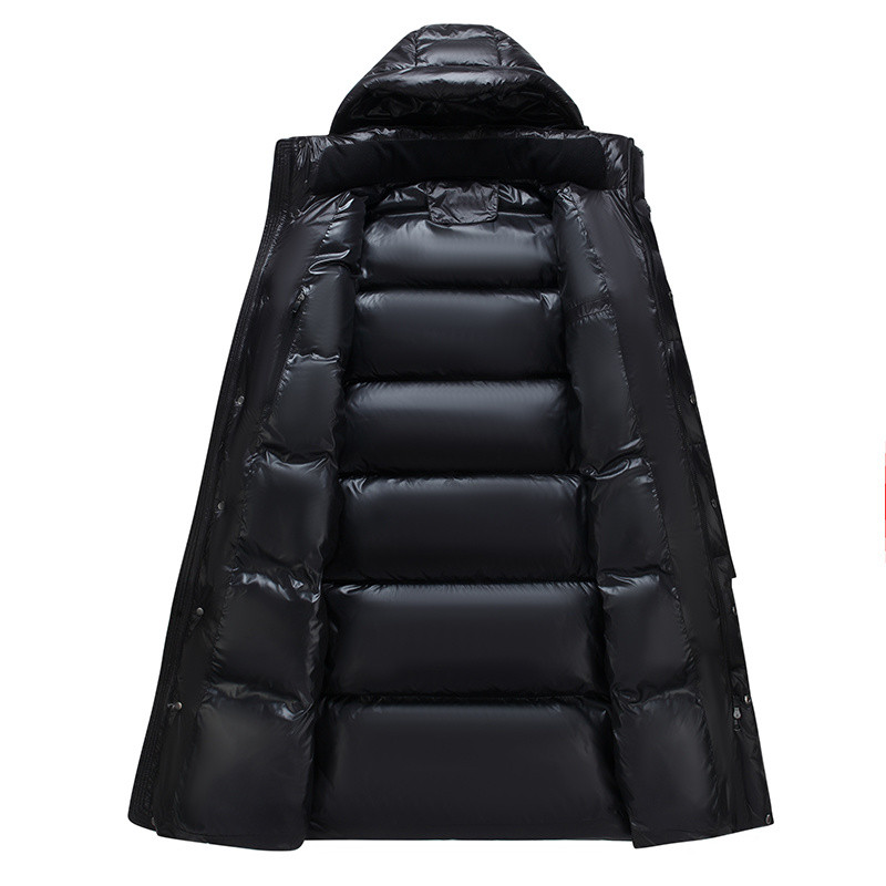 Moodne talvine must pikk sulejope meeste kapuutsiga veekindel tuulekindel soe 90% valge pardimantel Kõrge kvaliteediga