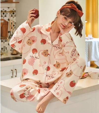 Pidžaamakomplektid Naiste kevad-sügis Korea stiilis ruuduline pikkade varrukatega pehme vabaaja magamisriided Naiste lahtised öörõivad, armas uus mood