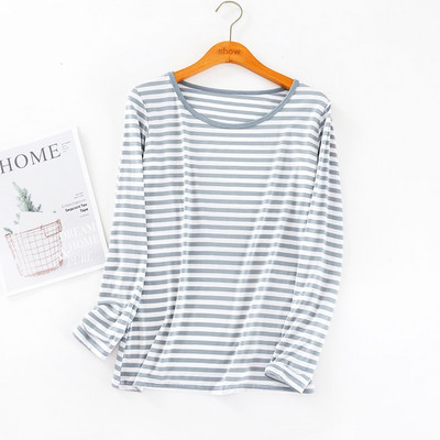 Top de pijama cu mâneci lungi în dungi modal pentru damă, pentru primăvară și toamnă, marimi mari, larg, ușoară, cu gât rotund