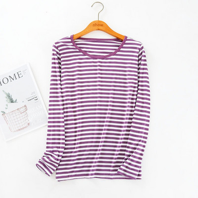 Top de pijama cu mâneci lungi în dungi modal pentru damă, pentru primăvară și toamnă, marimi mari, larg, ușoară, cu gât rotund