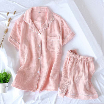 2023 Summer New Ladeis Sweet Candy Color Gauze Cotton Solid Color Pijama Set Short Sleeve+Pants Дамско сладко домашно облекло Ежедневно облекло