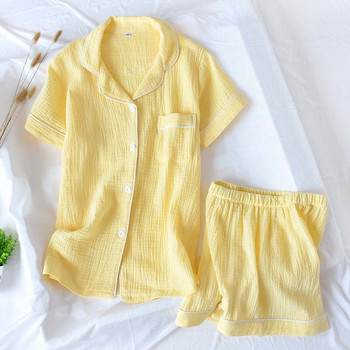 2023 Summer New Ladeis Sweet Candy Color Gauze Cotton Solid Color Pijama Set Short Sleeve+Pants Дамско сладко домашно облекло Ежедневно облекло