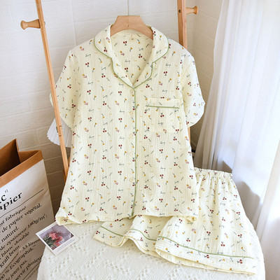 Καλοκαίρι 2023 New Ladeis Sweet Candy Color Gauze Βαμβακερή μονόχρωμη Σετ πιτζάμες κοντό μανίκι+παντελόνι Γυναικεία χαριτωμένα ρούχα καθημερινής χρήσης