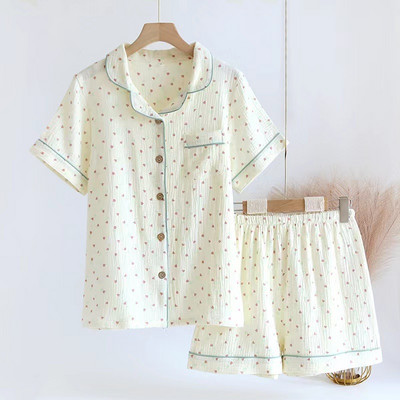 Καλοκαίρι 2023 New Ladeis Sweet Candy Color Gauze Βαμβακερή μονόχρωμη Σετ πιτζάμες κοντό μανίκι+παντελόνι Γυναικεία χαριτωμένα ρούχα καθημερινής χρήσης