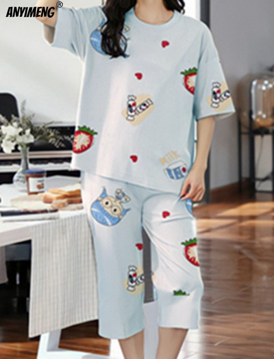 M-5XL Štvrťnohé letné pyžamové súpravy pre ženy Kawaii polyesterové dámske domáce oblečenie Módne pyžamové súpravy Roztomilé dievčenské pyžamové súpravy s výstrihom do O-krku Elegantné pyžamo