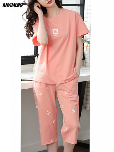 M-5XL Štvrťnohé letné pyžamové súpravy pre ženy Kawaii polyesterové dámske domáce oblečenie Módne pyžamové súpravy Roztomilé dievčenské pyžamové súpravy s výstrihom do O-krku Elegantné pyžamo
