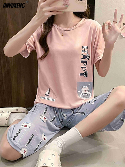M-5XL Štvrťnohé letné pyžamové súpravy pre ženy Kawaii polyesterové dámske domáce oblečenie Módne pyžamové súpravy Roztomilé dievčenské pyžamové súpravy s výstrihom do O-krku Elegantné pyžamo