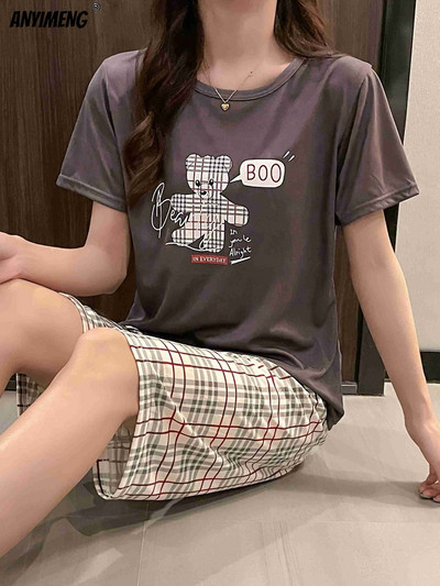 M-5XL Štvrťnohé letné pyžamové súpravy pre ženy Kawaii polyesterové dámske domáce oblečenie Módne pyžamové súpravy Roztomilé dievčenské pyžamové súpravy s výstrihom do O-krku Elegantné pyžamo