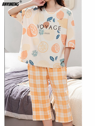 M-5XL Štvrťnohé letné pyžamové súpravy pre ženy Kawaii polyesterové dámske domáce oblečenie Módne pyžamové súpravy Roztomilé dievčenské pyžamové súpravy s výstrihom do O-krku Elegantné pyžamo