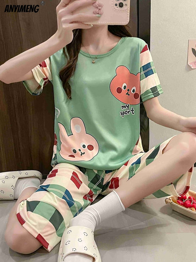 M-5XL Štvrťnohé letné pyžamové súpravy pre ženy Kawaii polyesterové dámske domáce oblečenie Módne pyžamové súpravy Roztomilé dievčenské pyžamové súpravy s výstrihom do O-krku Elegantné pyžamo