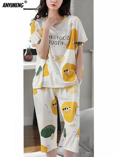 M-5XL Štvrťnohé letné pyžamové súpravy pre ženy Kawaii polyesterové dámske domáce oblečenie Módne pyžamové súpravy Roztomilé dievčenské pyžamové súpravy s výstrihom do O-krku Elegantné pyžamo