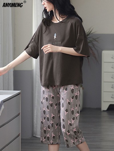 M-5XL Štvrťnohé letné pyžamové súpravy pre ženy Kawaii polyesterové dámske domáce oblečenie Módne pyžamové súpravy Roztomilé dievčenské pyžamové súpravy s výstrihom do O-krku Elegantné pyžamo