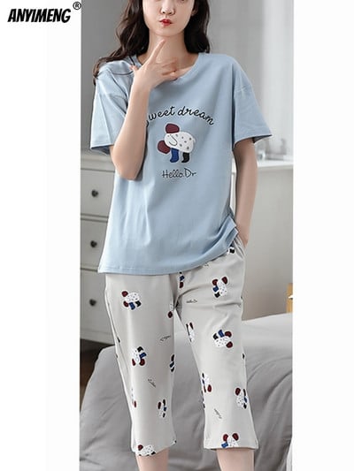 M-5XL Štvrťnohé letné pyžamové súpravy pre ženy Kawaii polyesterové dámske domáce oblečenie Módne pyžamové súpravy Roztomilé dievčenské pyžamové súpravy s výstrihom do O-krku Elegantné pyžamo