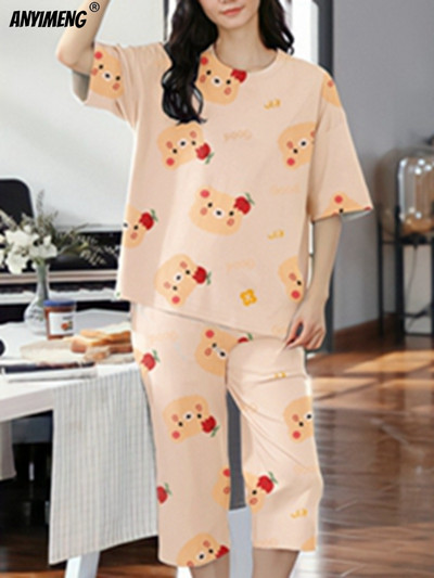 M-5XL Štvrťnohé letné pyžamové súpravy pre ženy Kawaii polyesterové dámske domáce oblečenie Módne pyžamové súpravy Roztomilé dievčenské pyžamové súpravy s výstrihom do O-krku Elegantné pyžamo