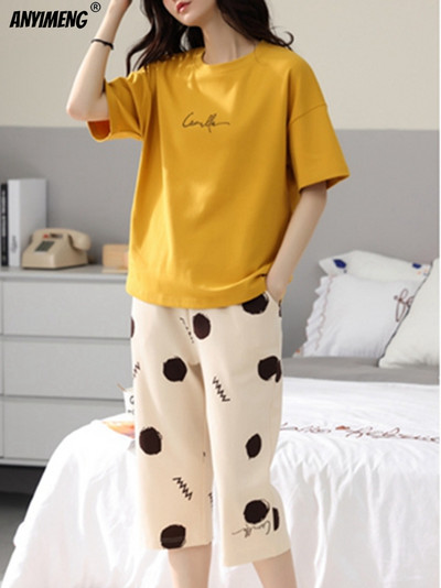 M-5XL Štvrťnohé letné pyžamové súpravy pre ženy Kawaii polyesterové dámske domáce oblečenie Módne pyžamové súpravy Roztomilé dievčenské pyžamové súpravy s výstrihom do O-krku Elegantné pyžamo