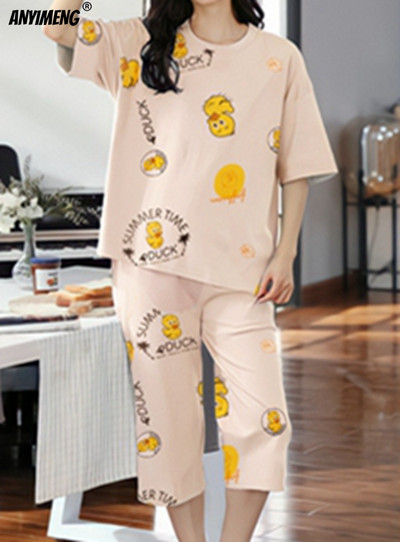 M-5XL Štvrťnohé letné pyžamové súpravy pre ženy Kawaii polyesterové dámske domáce oblečenie Módne pyžamové súpravy Roztomilé dievčenské pyžamové súpravy s výstrihom do O-krku Elegantné pyžamo