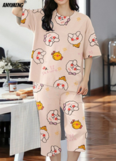 M-5XL Štvrťnohé letné pyžamové súpravy pre ženy Kawaii polyesterové dámske domáce oblečenie Módne pyžamové súpravy Roztomilé dievčenské pyžamové súpravy s výstrihom do O-krku Elegantné pyžamo