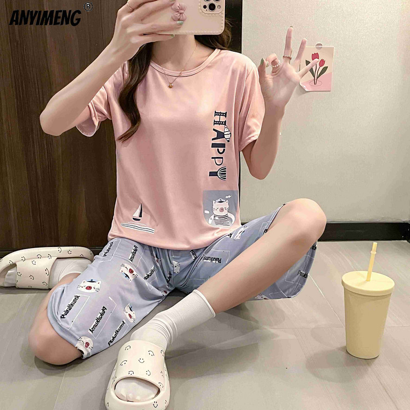 M-5XL Štvrťnohé letné pyžamové súpravy pre ženy Kawaii polyesterové dámske domáce oblečenie Módne pyžamové súpravy Roztomilé dievčenské pyžamové súpravy s výstrihom do O-krku Elegantné pyžamo