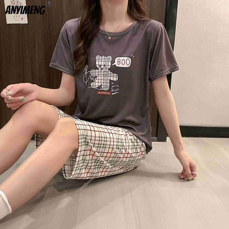 M-5XL Štvrťnohé letné pyžamové súpravy pre ženy Kawaii polyesterové dámske domáce oblečenie Módne pyžamové súpravy Roztomilé dievčenské pyžamové súpravy s výstrihom do O-krku Elegantné pyžamo