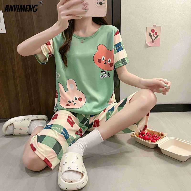 M-5XL Štvrťnohé letné pyžamové súpravy pre ženy Kawaii polyesterové dámske domáce oblečenie Módne pyžamové súpravy Roztomilé dievčenské pyžamové súpravy s výstrihom do O-krku Elegantné pyžamo