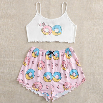 Γυναικεία Πυτζάμες Γυναικεία 2 τεμάχια Kawaii Strawberry Print Frill Σετ Πυτζάμες Cami Γυναικείες πιτζάμες Cute Crop Top & σορτς φόρμες