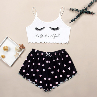 Dámske pyžamové prádlo, 2 kusy, kawaii jahodová potlač, volánikový lem, pyžamová súprava, ženské pyžamo, roztomilý crop top a šortky.